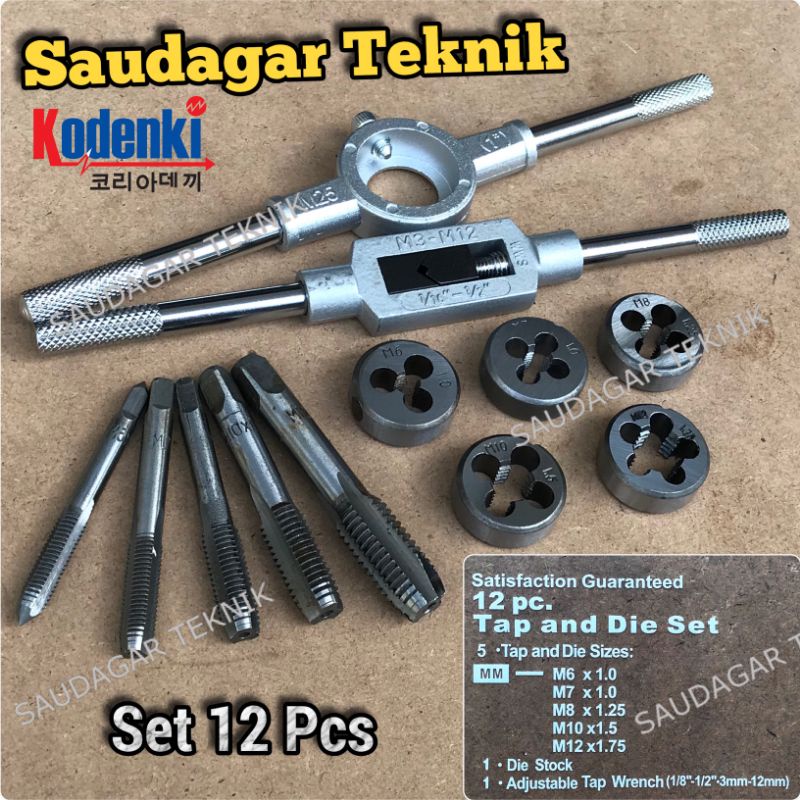 Hand Tap Set Dies Set 12 PCS Kodenki Gagang TAP Alat Senai Pembuat Ulir