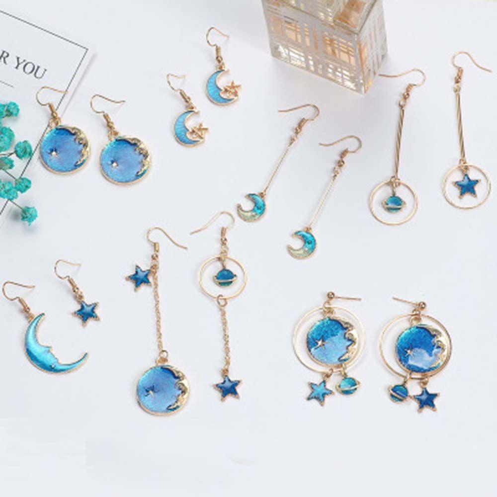 Needway Anting Bulan Bintang Biru Panjang Hadiah Planet Liontin Asimetris Saturnus Ear Studs Moon Women Earrings