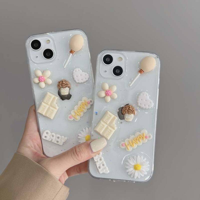 Soft Case Gel Glitter Transparan Desain Makanan Bunga 3D Untuk iPhone 13 12 11 Pro MAX Mini X XS MAX XR SE 2022 2020 7 8 Plus