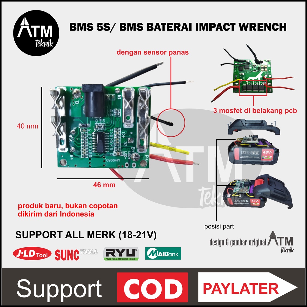 BMS baterai impact wrench 5S papan modul kontrol batrai 18V 20V 21V BMS Board controller dengan sens