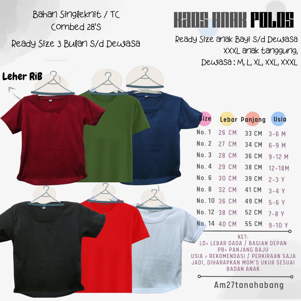 Baju Kaos Cowok Bayi 3 bulan - Anak 10 tahun POLOS - Kaos004