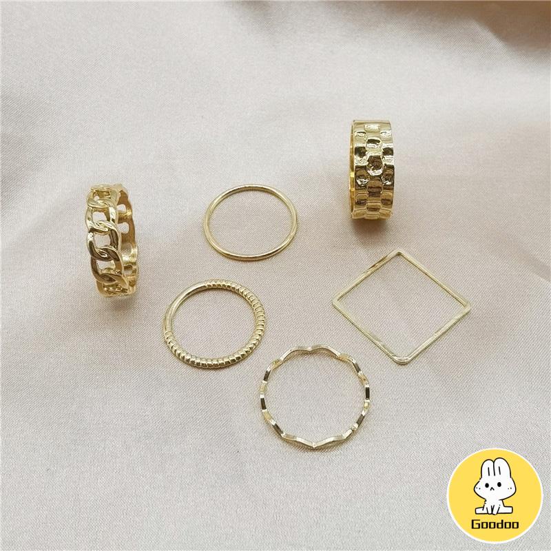 4pcs / Set Cincin Jari Telunjuk Bentuk Geometris Gaya Retro Untuk Wanita -Doo