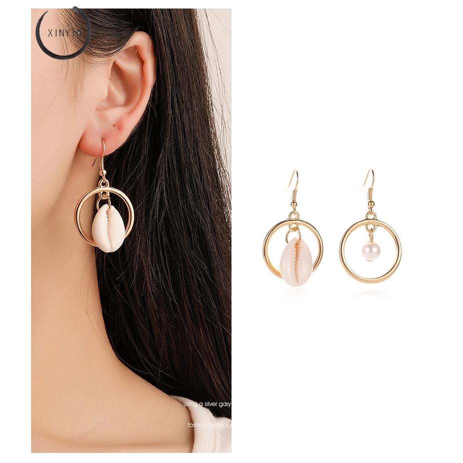 Kepribadian Eropa Asimetris Anting Stud Bulat Shell Mutiara Angin Laut Anting Rumbai Earrings