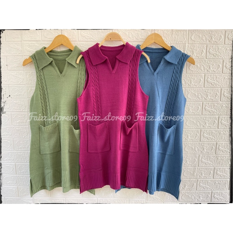 LONG VEST RAJUT KERAH MOTIF CABLE BEST SELLER/ VEST PANJANG WANITA MODEL DRESS