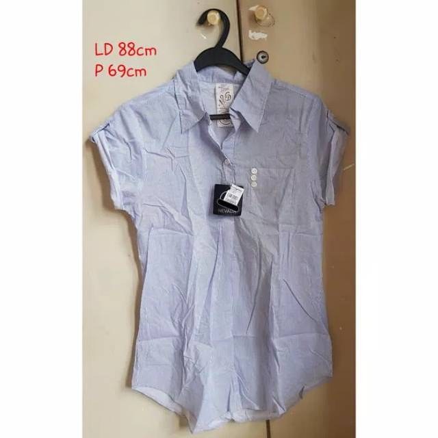 Baju Kemeja Cewek NEVADA Biru Muda Motif Garis (CODE7)