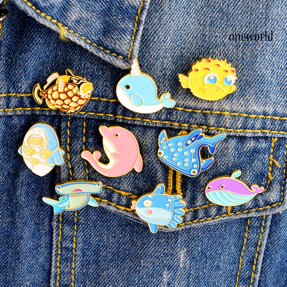 OW@ Cute Cartoon Dolphin Shark Whale Fish Enamel Brooch Pin Badge Collar Coat Decor