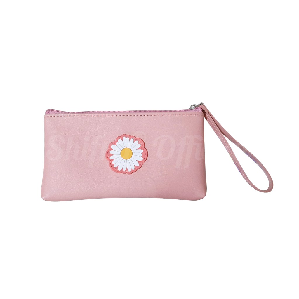 Shifra Tempat HP Mika Pouch Kosmetik Dengan Tempat Kartu Motif Bunga Daisy Black Pink