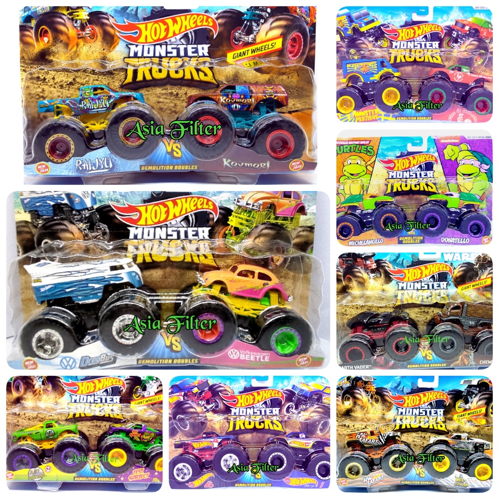 Hot Wheels MONSTER TRUCKS Demolition isi 2 mobil shark wreak mega wrex leopard sriracha ninja turtle