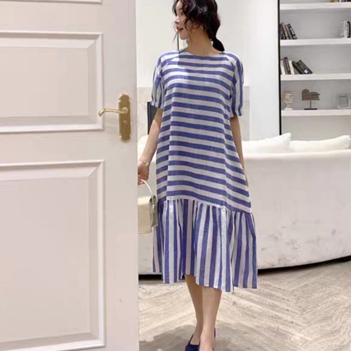 80810 Baju midi dress gaun pesta loose Stripe salur biru Korean style wanita import baju Midii dress