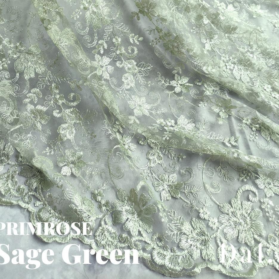 ◙ 1/2m kain brokat tile perancis brukat kebaya premium motif PRIMROSE bunga mawar SAGE GREEN hijau ➱