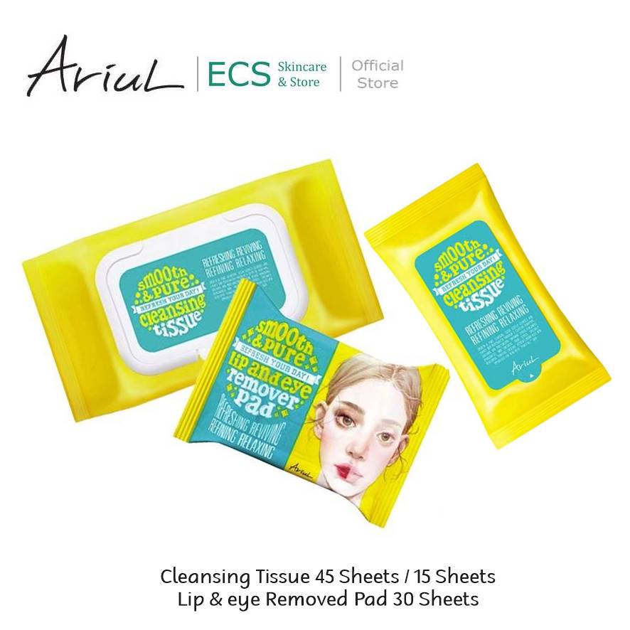 (Tisu Pembersih Make Up) ARIUL Smooth &amp; Pure Cleansing Tissue / Lip Eye Remover Pad - Size: 45 / 15 /30 sheets Bisa Waterproof ORIGINAL BPOM - Face Tissu Pembersih Wajah &amp; MakeUp Double Cleansing - Tisue Cotton Pad Praktis