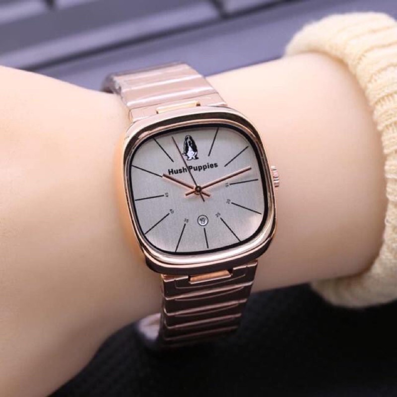 (GOOD QUALITY) Jam Tangan Wanita/Cewek Hush Puppies Segi Full Stainless Tanggal Aktif-E (ROSEGOLD-PUTIH)
