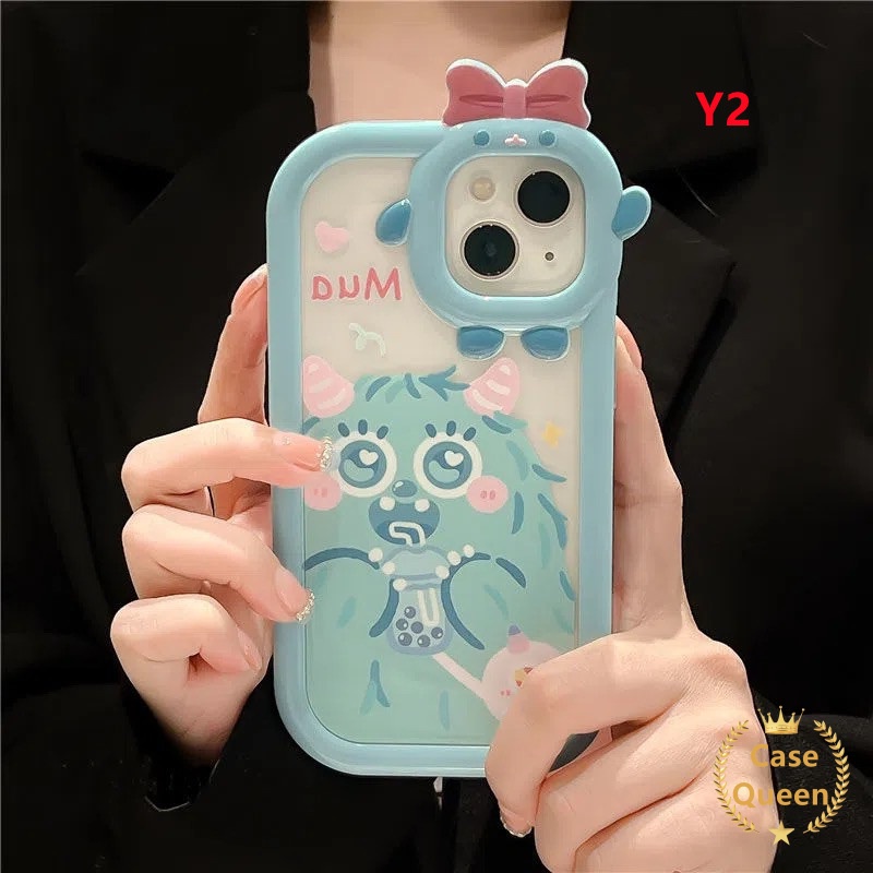 Case OPPO A7 A17 A17 A5S A12 A16 A57 A55 A9 A15s A54 A15 A5 A16s A3S A12E A53 A74 A17K A95 A16K A16E A52 A92 A96 A76 Reno 5F 4F A31 Kartun Monster Bow-knot Monster Kecil Tutup Lensa