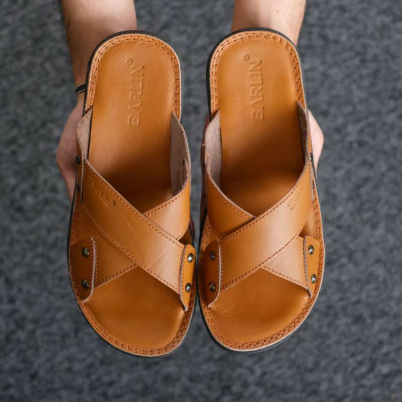 BRLN 003 Tan Sandal Casual Pria Full Kulit Asli Sendal Selop Santai Murah