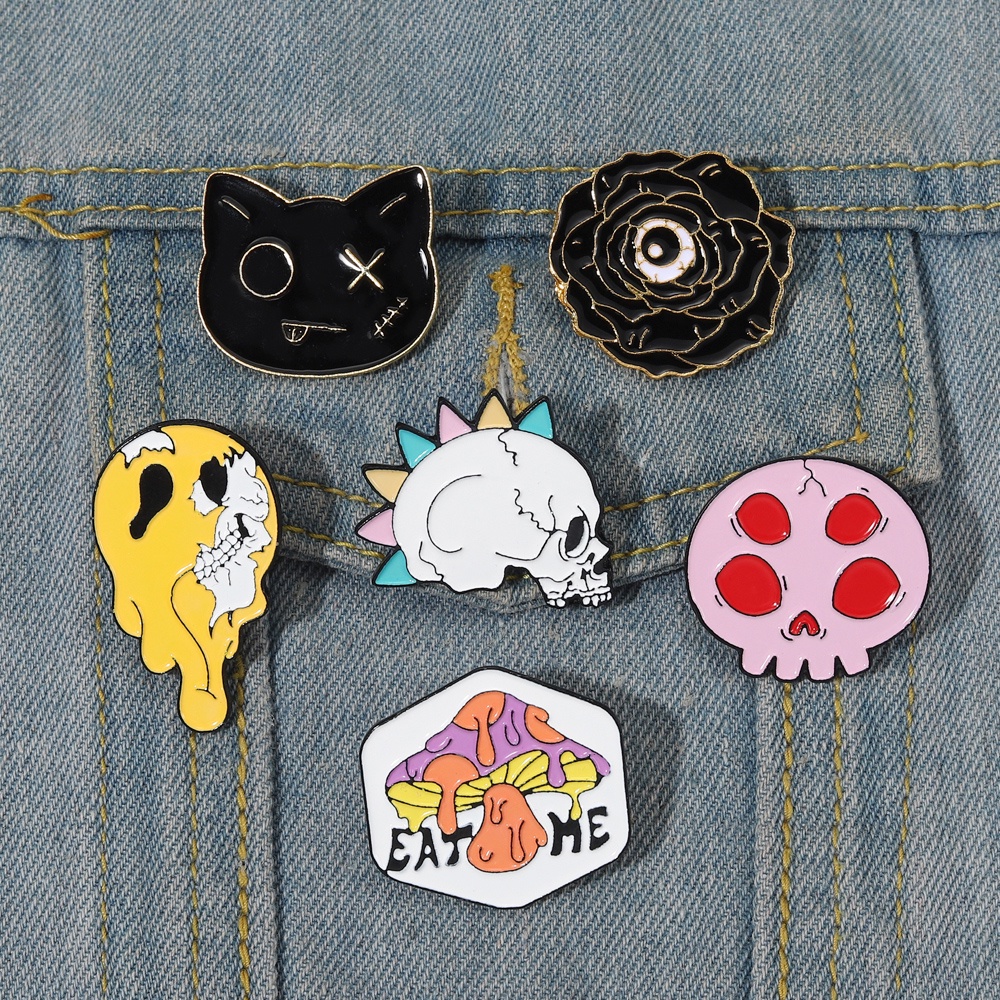 Bros Pin Enamel Bentuk Jamur Tengkorak Kucing Gaya Punk Gothic Untuk Hadiah Halloween