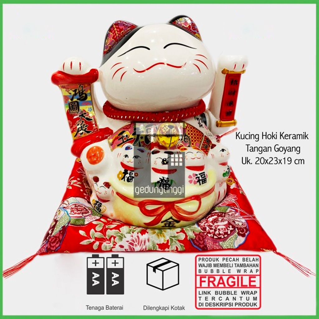 Patung Pajangan Boneka Dekorasi Dekor Hiasan Kalung Kucing Panggil Hoki Lucky Cat Maneki Neko Maneko Neki Keberuntungan Rejeki Rezeki Cina China Jepang Cahaya Listrik Batre Batrai Baterai Tangan Gerak Goyang Meja Cafe Toko Kasir Sedang Besar Jumbo Keramik