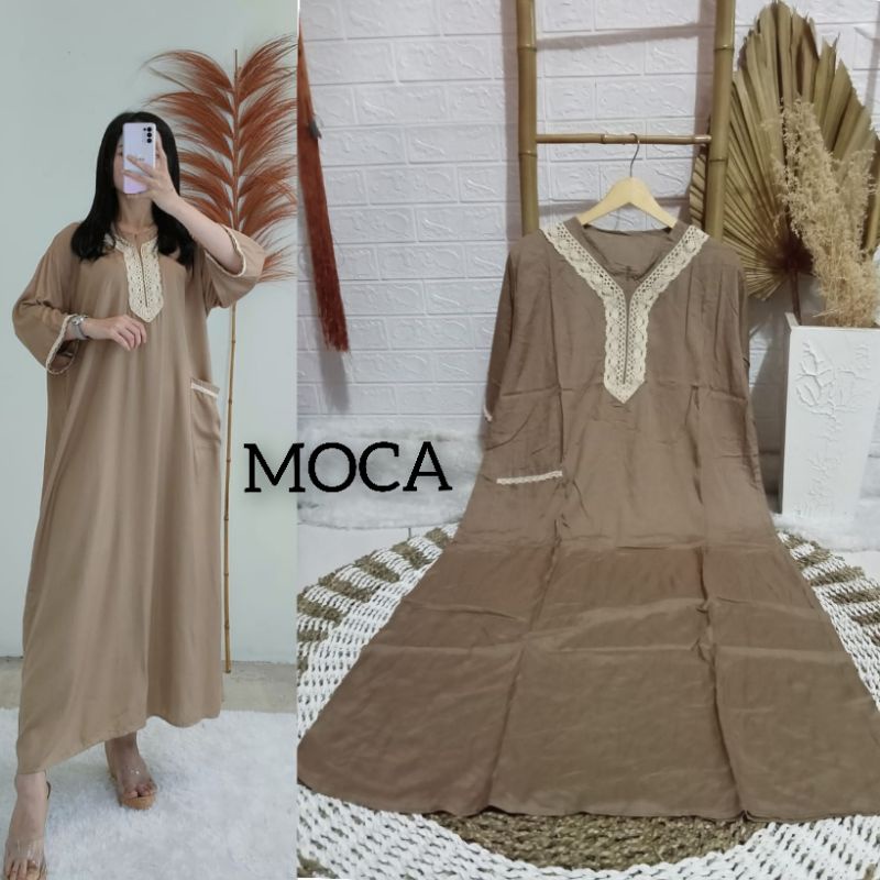 Daster BUSUI Arab Kekinian Tangan 3/4 (aisyah) / Daster Muslim Renda Jumbo LD 120 cm / Daster BUSUI /Daster kekinian /Daster Renda-MOCA