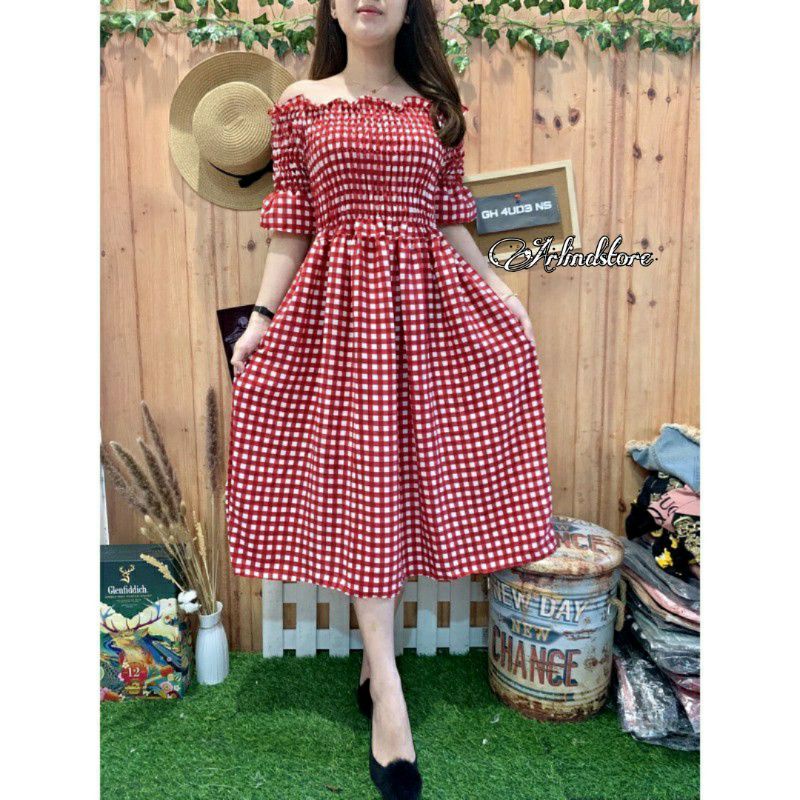 cika dress wanita bodycon motif kotak kotak tangan pendek korean style