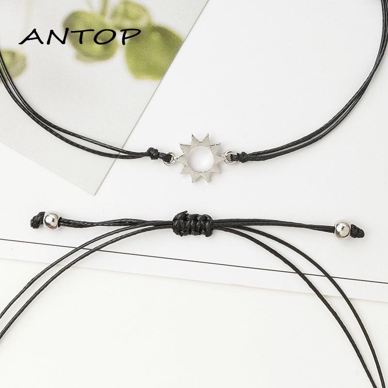 2pcs Gelang Couple Hitam Pasangan Adjustable Bulan Dan Matahari Gelang Persahabatan Tali Lilin Aksesoris Untuk Pria Dan Wanita ANTOP