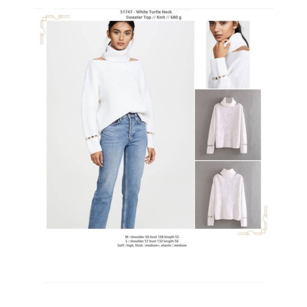 Atasan rajut jumbo putih bahu bolong leher tinggi mutiara lengan panjang