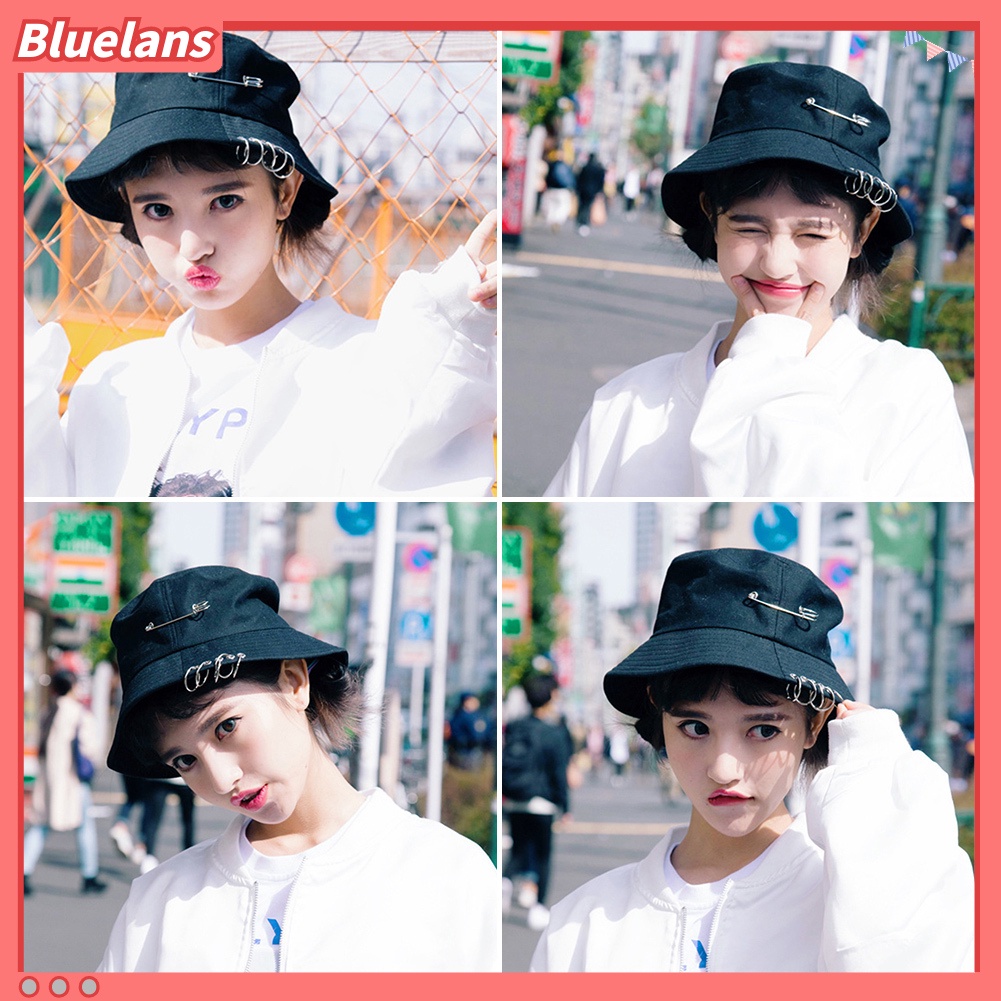 bluelans♘ Topi Bucket Fisherman Lipat Aksen Peniti+Cincin Besi untuk Outdoor