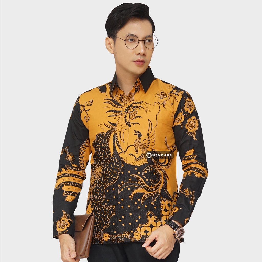 Baju Kemeja Batik Pria Lengan Panjang Slim Fit Premium Modern Full Furing Katun Halus Original Handara Motif Sriti Kasmaran Kuning HB-238