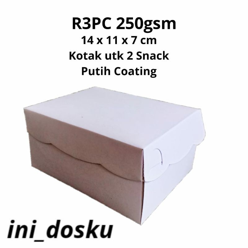 

KOTAK KUE / DOS SNACK / DUS KUE / SNACK BOX R3 14x11X7cm 250gsm PUTIH. PEMBELIAN MINIMAL 25 LBR