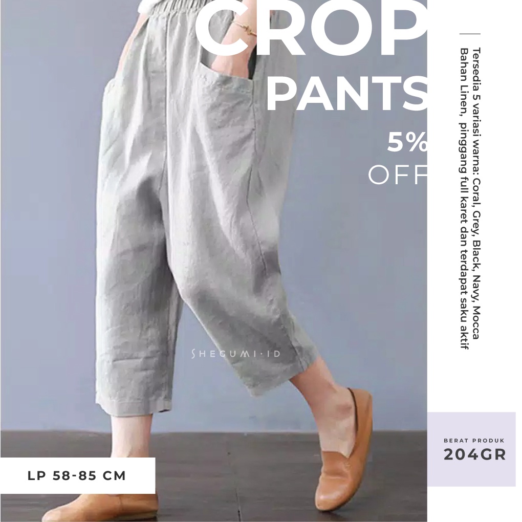 Celana Bahan Sasha Crop Pants Katun Linen Zanzea Pinggang Karet Casual Wanita Saku Depan Mocca 251