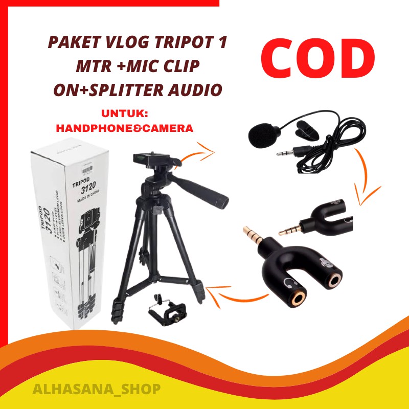 [COD] PAKET TRIPOD 1METER  BLACK 3120 VLOGGER REKAMAN MIC LIP ON/AUDIO REKAMAN YOUTOBER SPLITTER