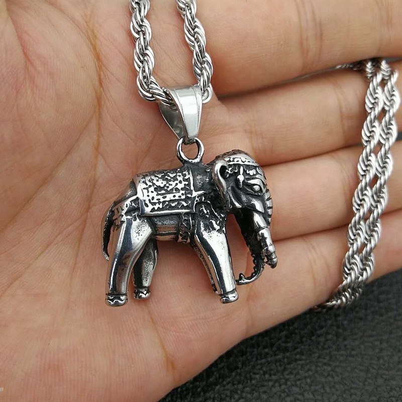 Kalung Liontin Bentuk Gajah Bahan Stainless Steel Gaya Vintage Hip Hop Punk Untuk Pria