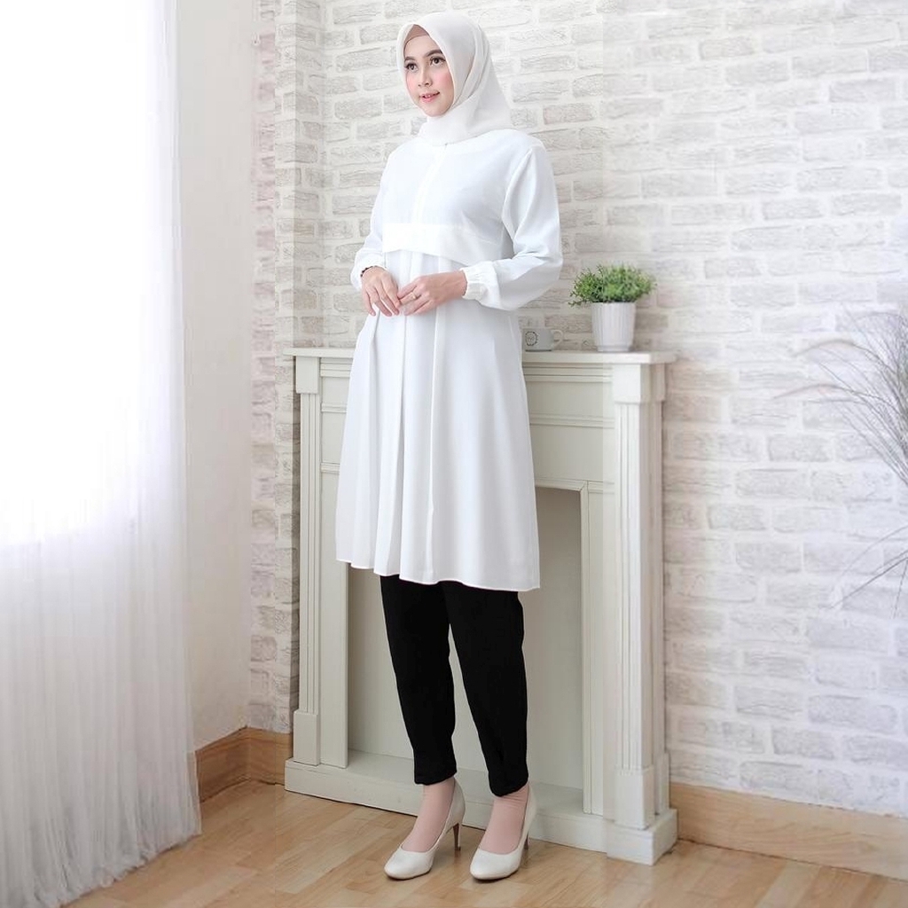 Modesee Tunik Putih Polos  Variasi Plat Sisi Depan M1150 