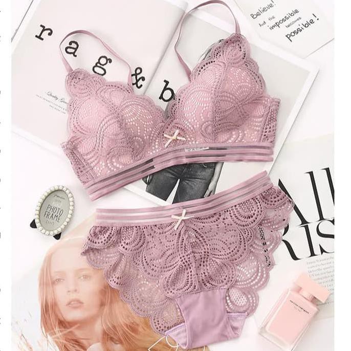 Lovisa Bra Cd Set Lace Brukat Lingerie Wanita Sexy Bra Push Up Murah - PINK, 34