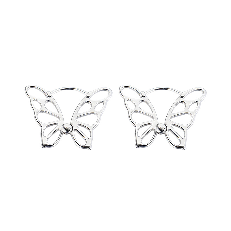 Anting Stud Bentuk Kupu-Kupu Model Hollow Out Bahan Alloy Warna Silver Untuk Wanita