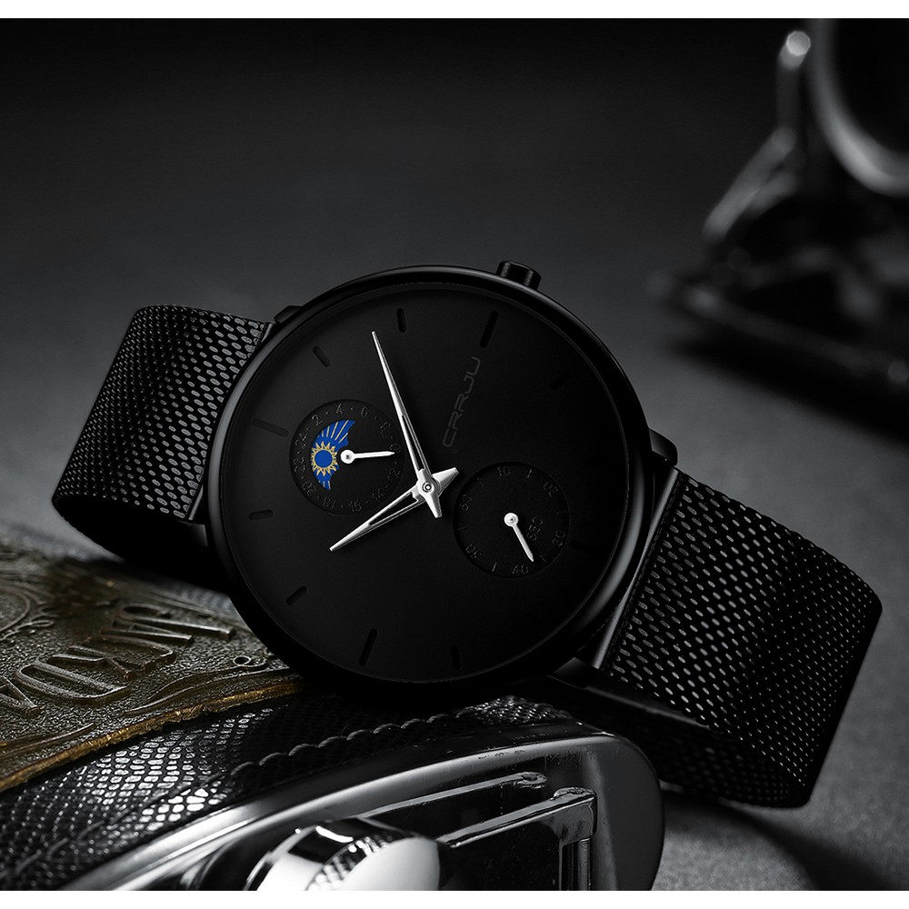CRRJU Fashion Quartz Clock Sports Men Watch Jam Tangan Baja Ultra Tipis Tahan Air