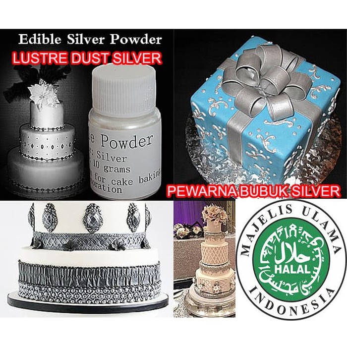 

HALAL EDIBLE SILVER PERAK LUSTER LUSTRE DUST . ISI 10G FONDANT COKLAT BUTTERCREAM CAKE KUE WEDDING