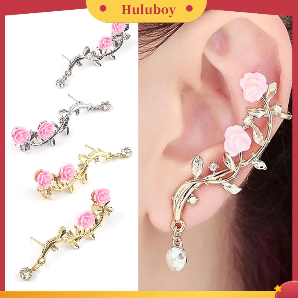 Hu Hu Hu Hu Hu Alat Bantu Pasang Kacamata♡ 1 Pasang Anting Stud Desain Cabang Bunga Mawar Aksen Berlian Imitasi