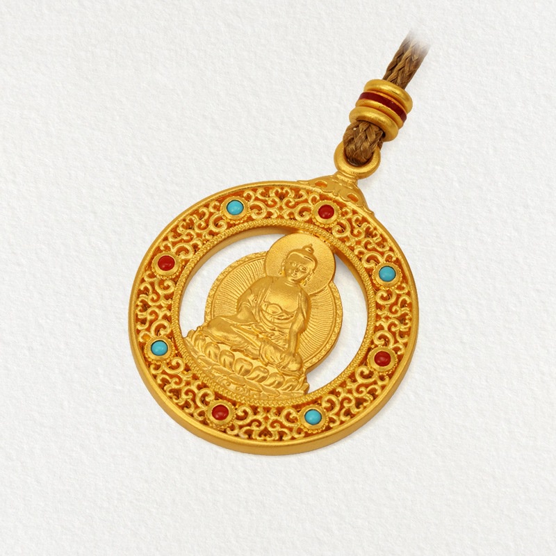 [Ready Stock]Fashion Gold Plated Inlaid Hollow Necklace Avalokitesvara Pendant