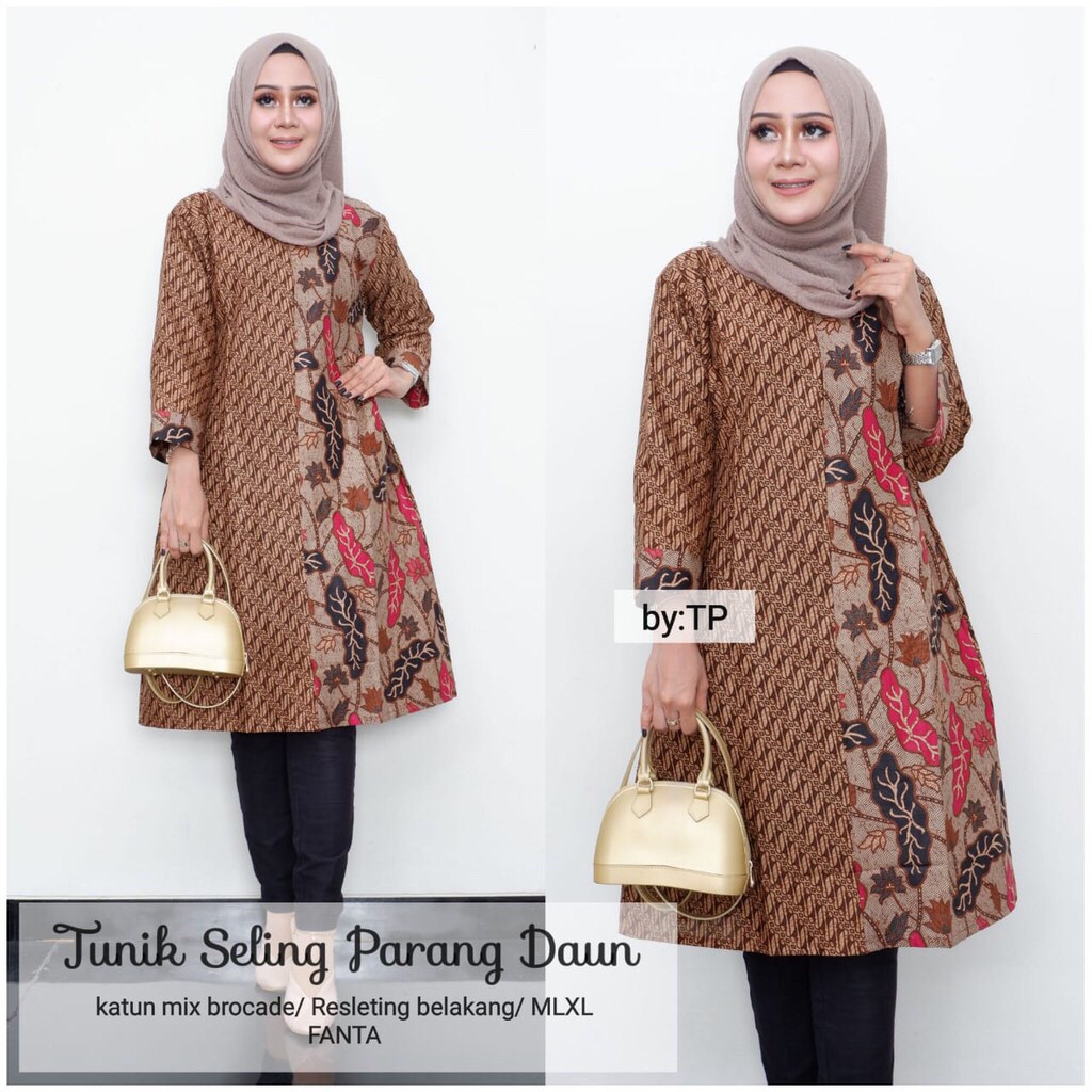 Tunik Seling Parang Daun Batik Sogan Modern Dress Casual Kerja Seragam