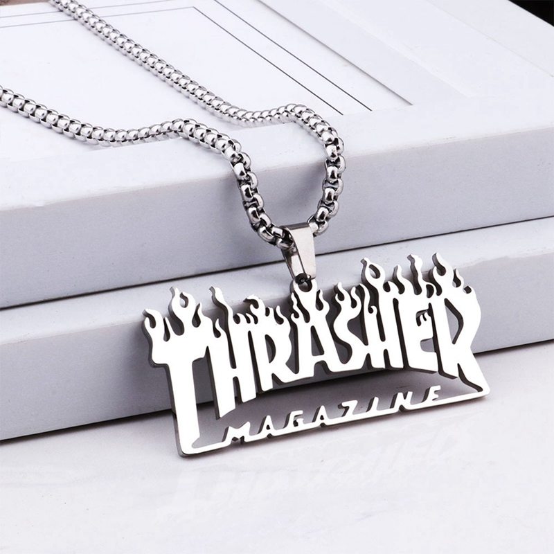 Kalung Dengan Liontin Desain Thrasher Magazine Flame Gaya Hip Hop Untuk Pria