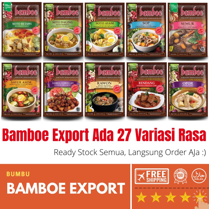 

Bumbu Masak Instan Bamboe semua rasa |Tongseng | Sop | Balado | Liwet | Opor | Rendang | Kare | Soto | Rica Rica | Tom Yum | Hainan Dll. Semua Lengkap. Expired di Jamin Lama