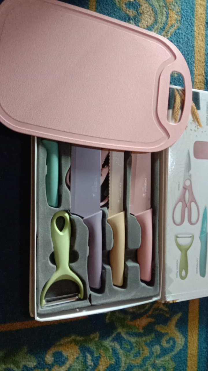 (bow) Pisau Set 6in1 Peralatan Dapur Set Talenan Pisau Keramik Warna Warni 24d54