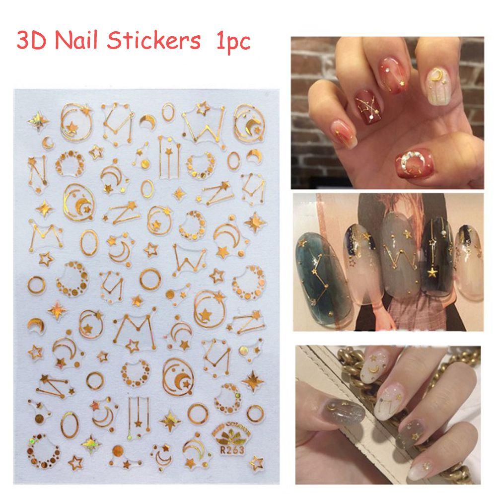 Solighter 3D Stiker Kuku Hot Nail Art Dekorasi Dewa Perak Metalik Bulan Bintang