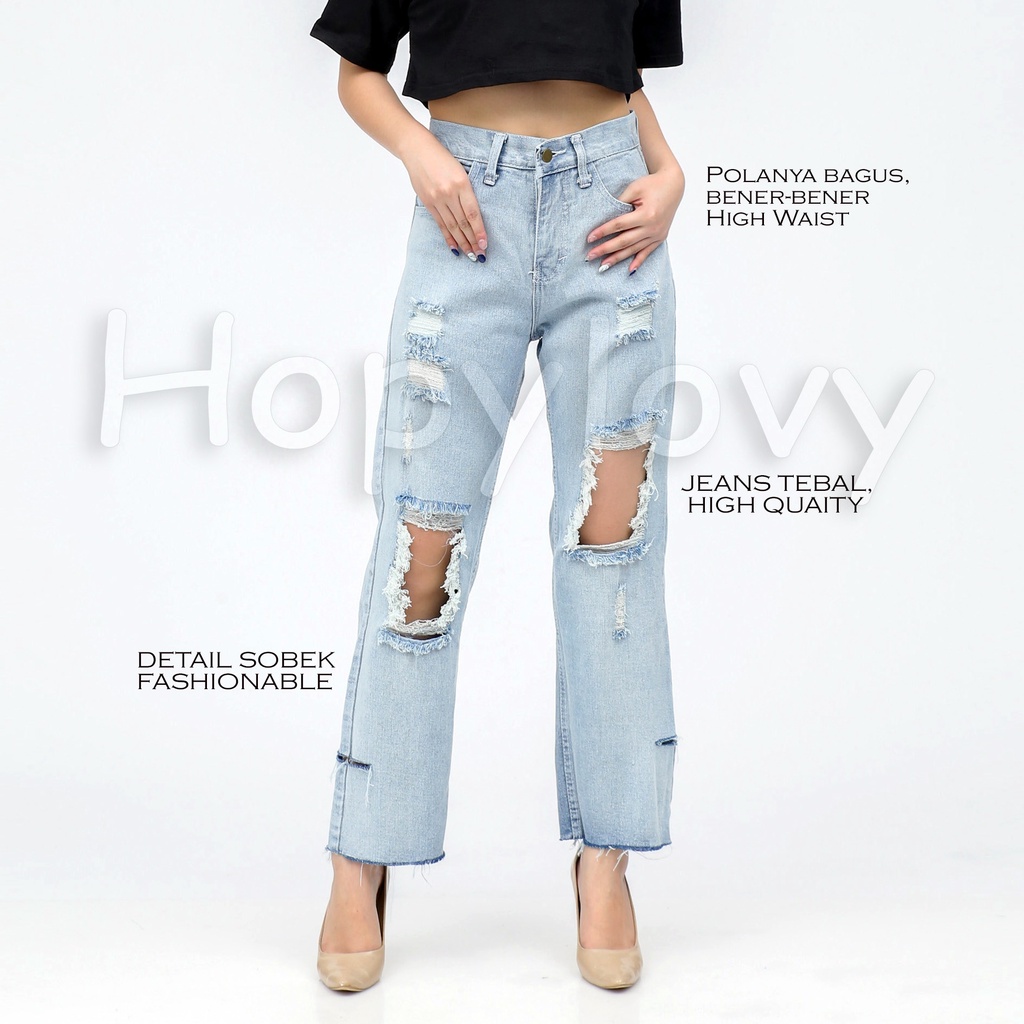 HOPYLOVY Celana Loose Jeans Ripped Boyfriend Jeans Sobek Destroy Wanita Highwaist Adine