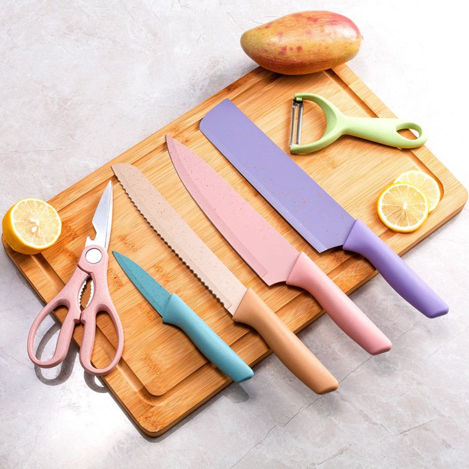 Set pisau dapur kitchen Knife knives Stainless Steel Premium Quality Xiaomi huohou 6 in 1 3 in 1 Gunting Coloful Pink Ungu