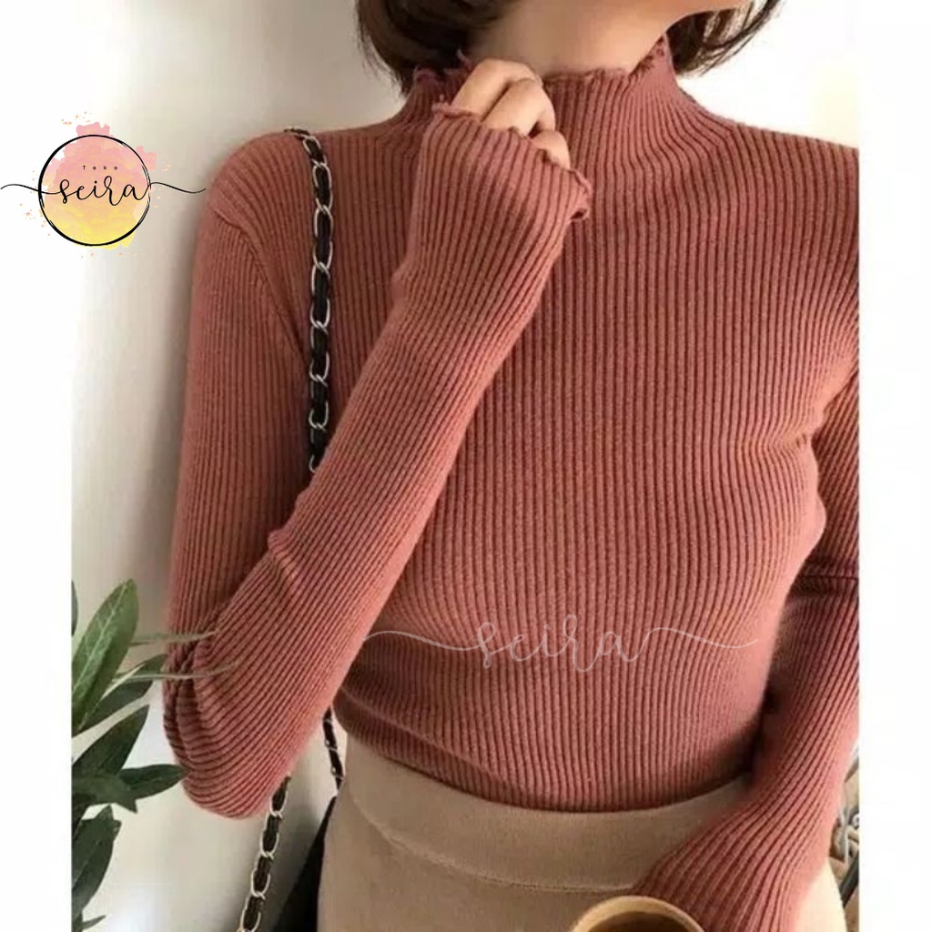 [BISA COD] Daisy Curly Turtleneck / Atasan Turtleneck Kriwil Lengan Panjang / Sweater Rajut Cewek Strech Body Fit / Sweater Kriwil / Turtle Neck Kriwil / Turtleneck Buntung Kriwil