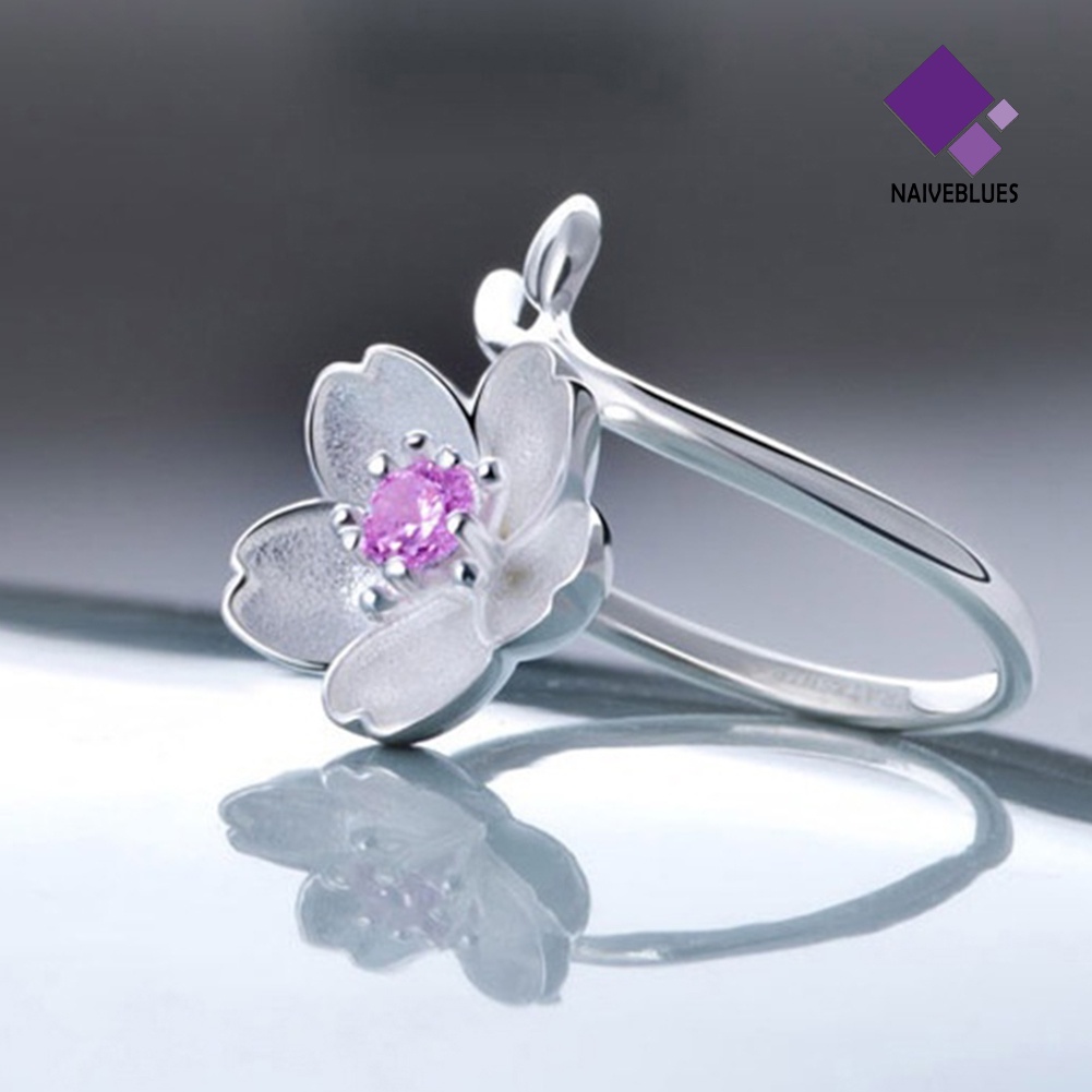 Cincin Wanita Model Terbuka Bahan 925 Sterling Silver Plated Desain Cherry Sakura Untuk Hadiah Ulang Tahun