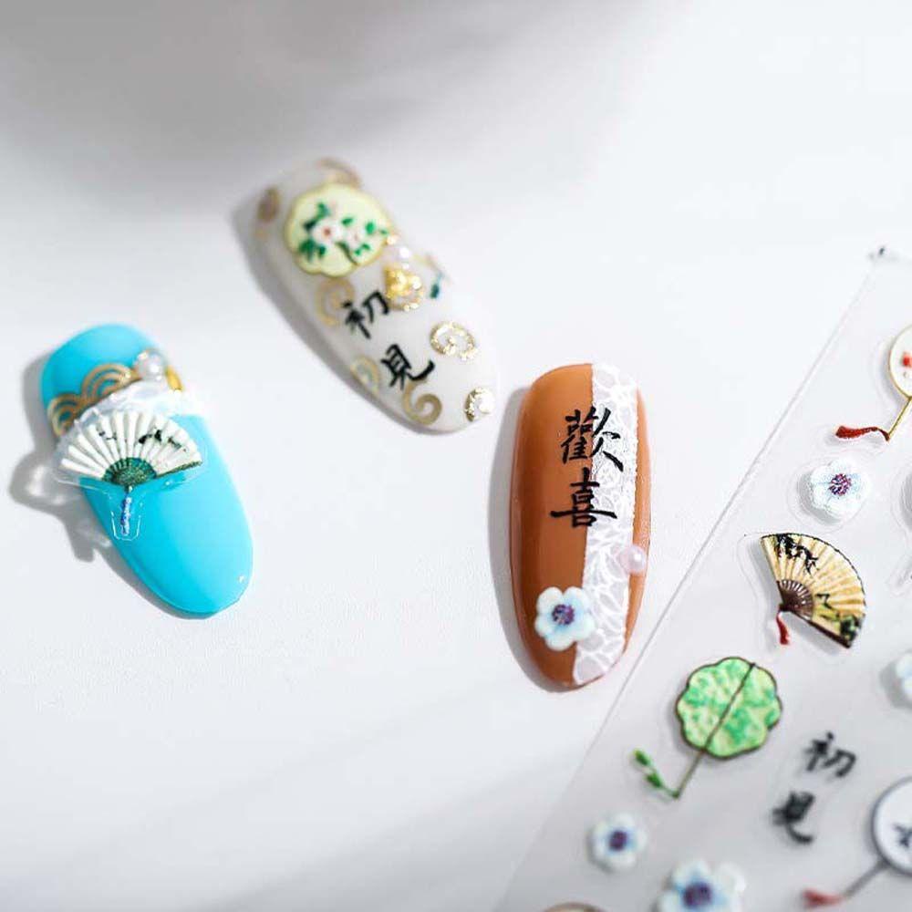 Agustina Stiker Kuku Cina Fashion Gaya Antik Karakter Cina Manicure Aksesoris Bunga Kipas Nail Stickers