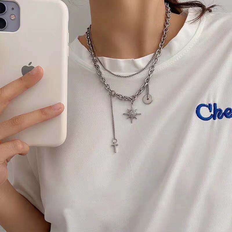 Jepang dan Korea gaya retro disco double layer delapan Awning bintang kalung salib street hip-hop bu