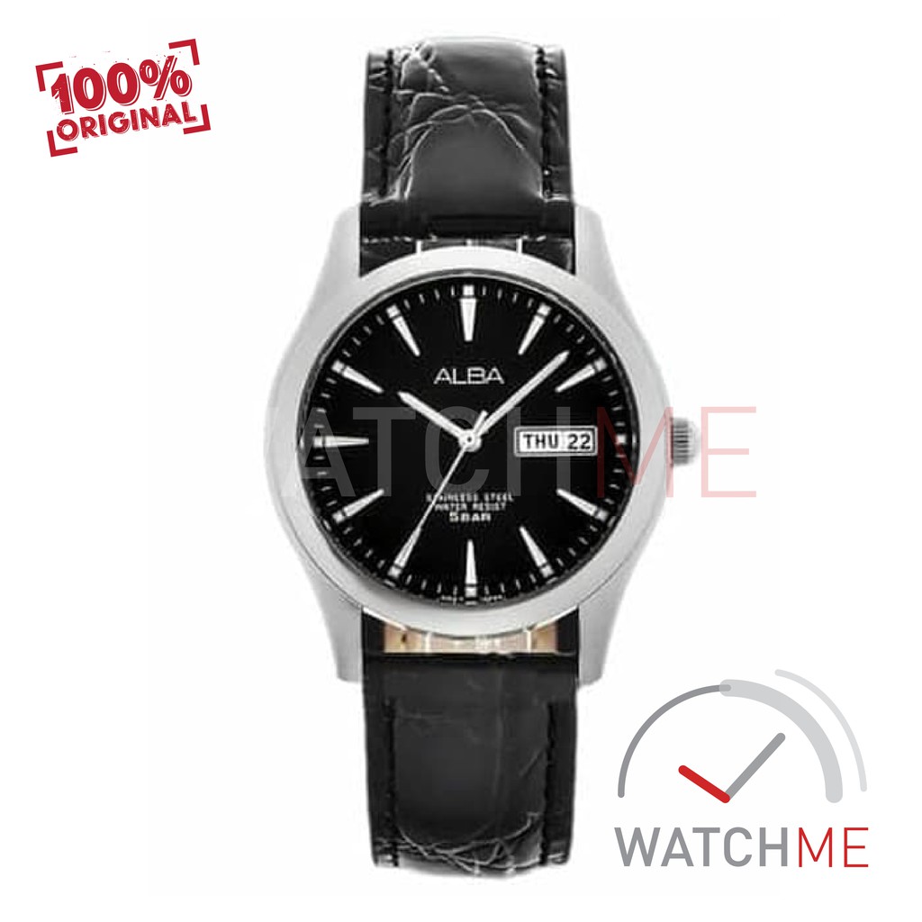 Jam Tangan Pria Alba Analog AXND65 Black Dial 50m Black Leather Strap Original Garansi Murah