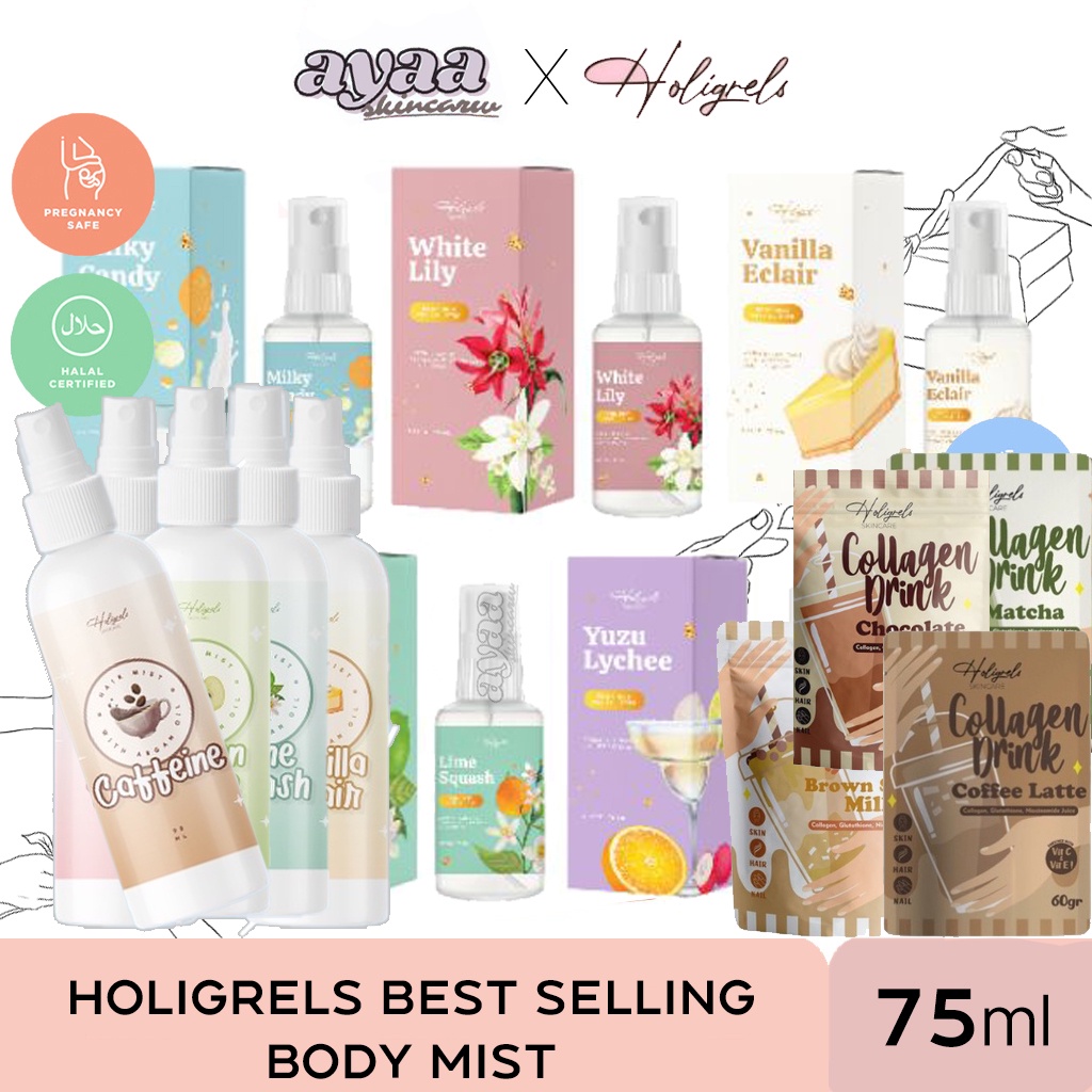 HOLIGRELS BODY MIST PARFUM | SHIMER MIST | HAIRMIST HOLIGRELS | COLLAGEN DRINK MATCHA COFFEE BROWN SUGAR COKLAT | VANILLA ECLAIR MILK CANDY WHITE LILY YUZU LYCHEE LIME SQUASH | BODY MIST STRAWBERRY | HOLIGRELS MIDNIGHT